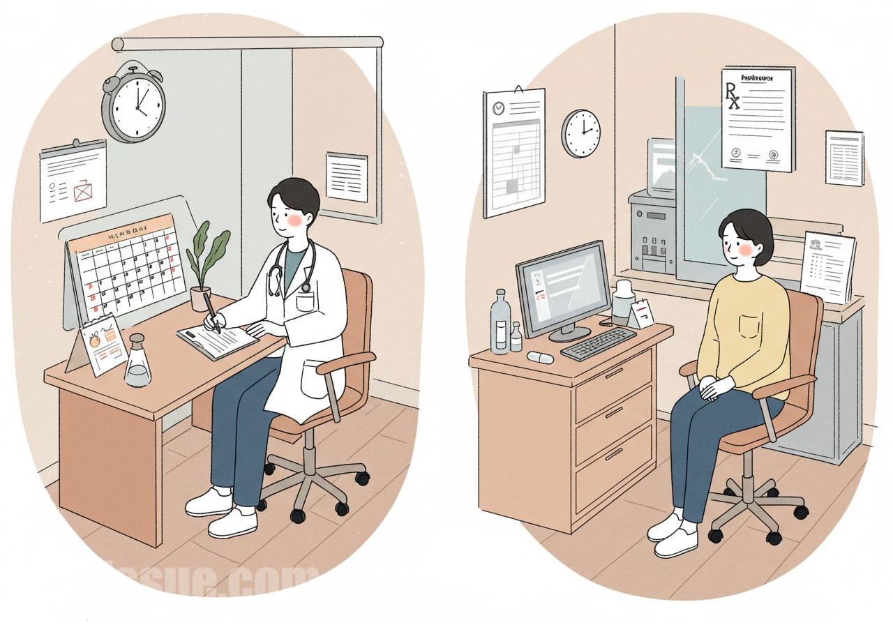 병원에서 ADHD 행동치료와 약물치료 상담을 받는 한국 성인의 모습