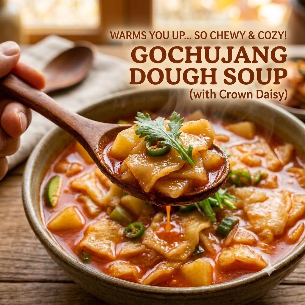 A thumbnail image of spicy gochujang sujobi enjoyed in cold weather. A wooden spoon scoops up chewy hand-pulled dough bits and potatoes garnished with crown daisy, served in a rich, spicy broth.