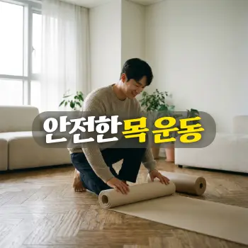 안전한 목 운동
30대 한국인 직장인 남성이 퇴근 후 집 거실에서 요가 매트를 깔고 무리하지 않게 가벼운 폼롤러 스트레칭을 준비하는 모습. 편안한 표정과 차분한 분위기.