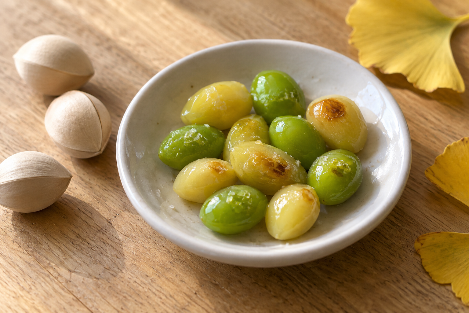 나무 식탁 위 흰 접시에 볶아서 껍질을 깐 연두색과 노란색 은행알이 소금을 뿌린 채 담겨 있고, 옆에 딱딱한 흰 껍질째인 은행 세 알과 노란 은행잎이 놓여 있다.