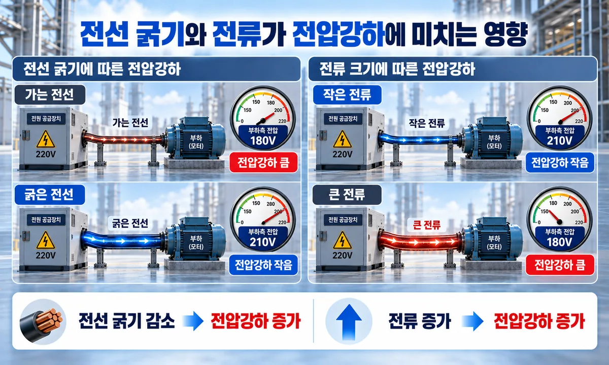 전선 굵기와 전류 크기에 따른 전압강하 차이를 비교한 인포그래픽