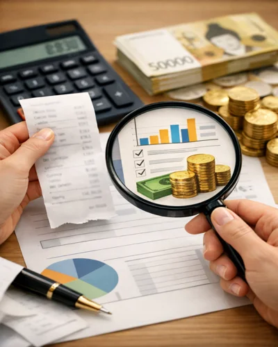 연말정산 서류를 확인하는 손