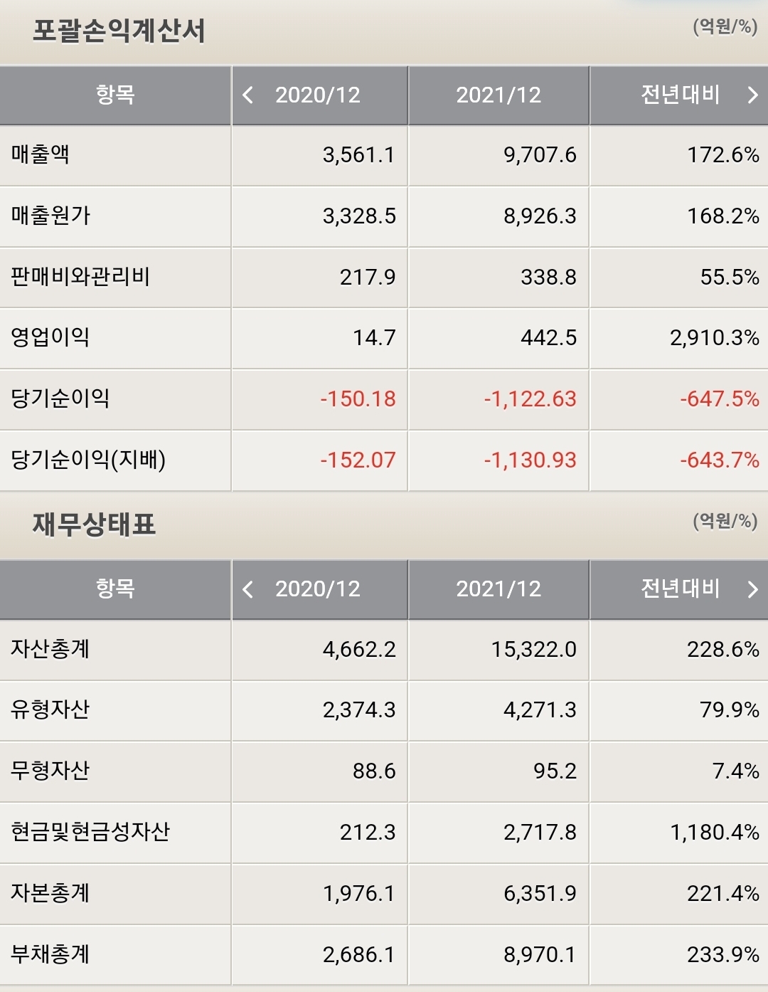 엘앤에프 포괄손익계산서, 재무상태표