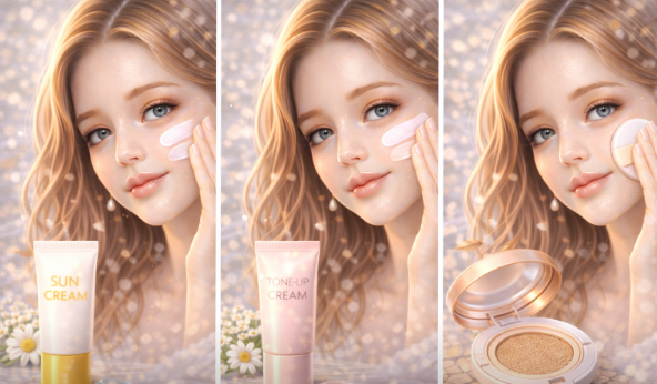 베이스 메이크업 (선크림, 톤업크림, 쿠션 활용) 이미지