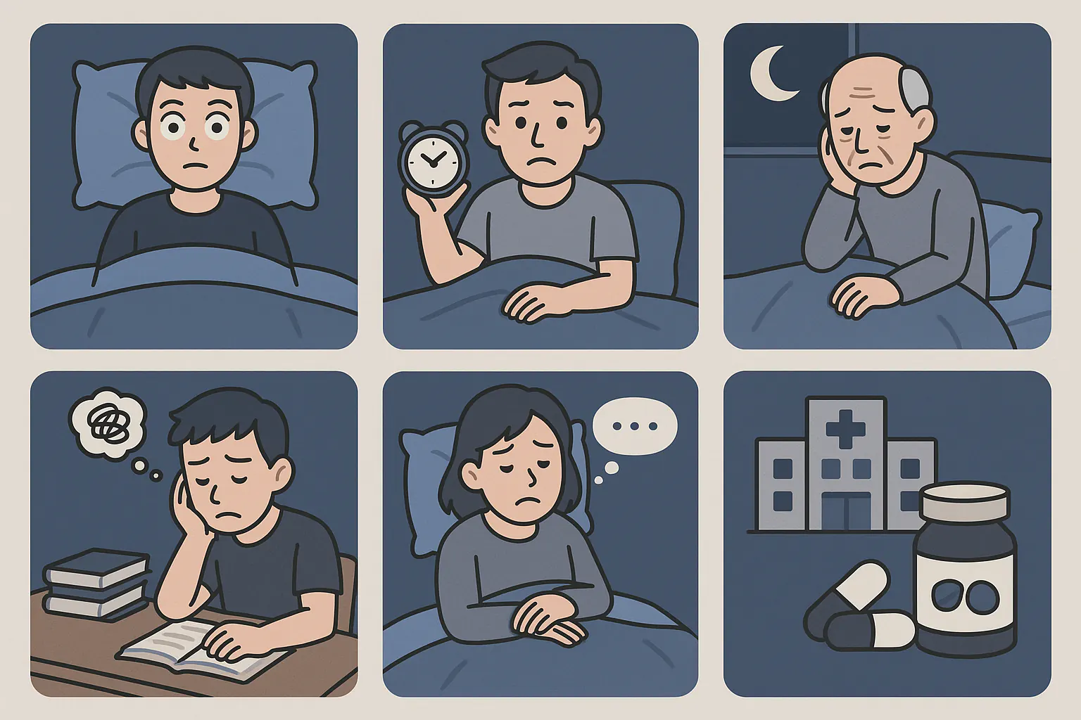 불면증의 주요 유형(입면 장애, 수면유지 장애, 조기 각성, 상황성, 심리생리성, 이차성)