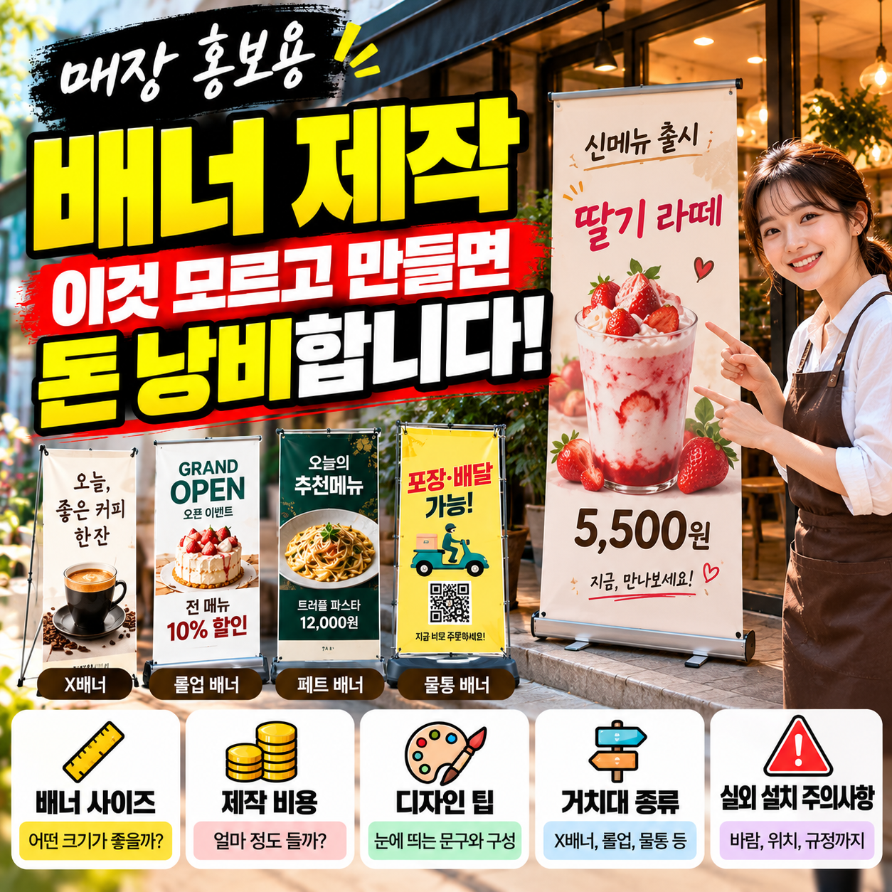 매장 홍보용 배너 제작 시 사이즈와 비용, 디자인, 거치대 종류 및 실외 설치 주의사항을 안내하는 대표이미지