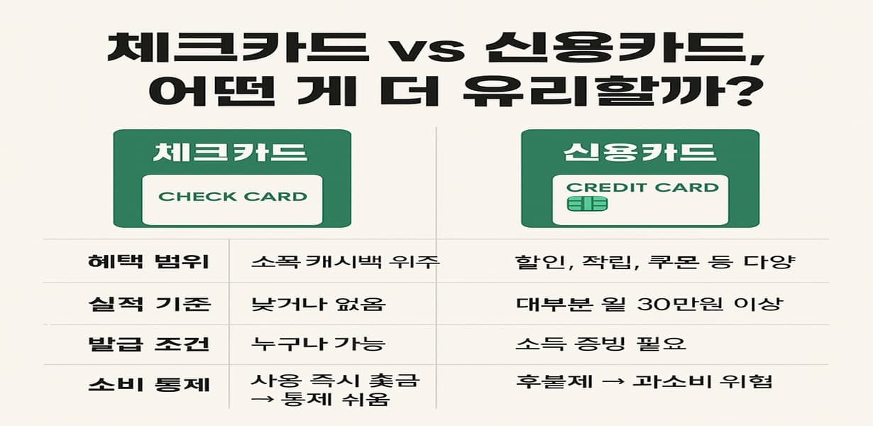체크카드와 신용카드의 혜택, 실적 기준, 발급 조건, 소비 통제 방식 비교 인포그래픽