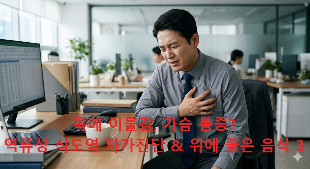 가슴 쓰림 통증을 느끼는 직장인과 커피 한 잔