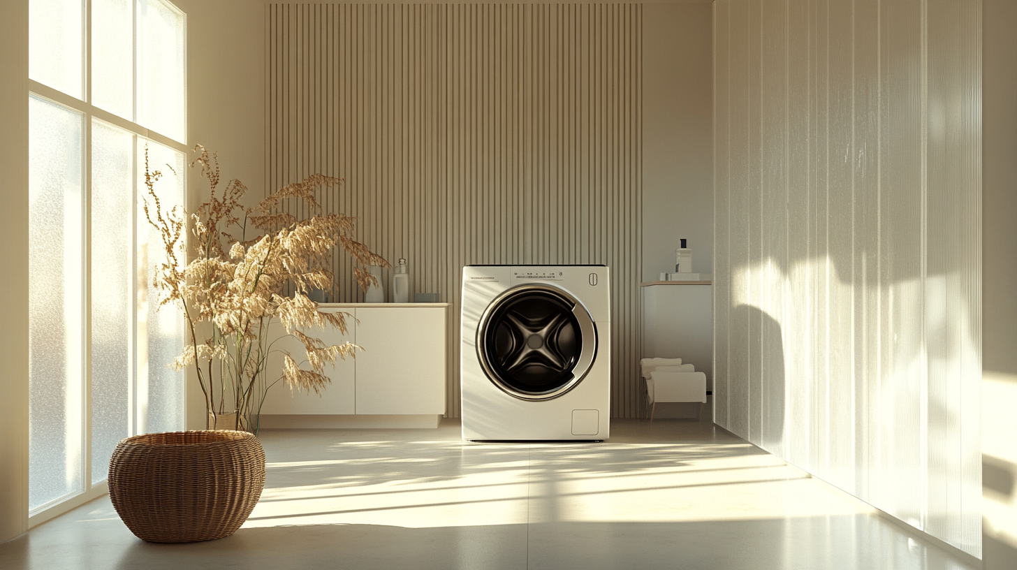 삼성 WF24D22CEEE가 세련된 미니멀리스트 세탁실에 완벽하게 조화된 모습, 중립적인 색감과 깨끗한 라인으로 구성