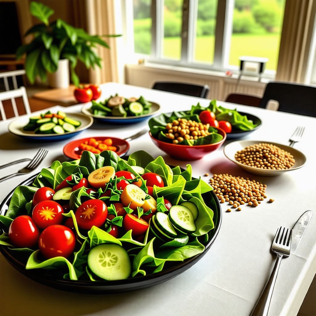 신선한 농산물로 만든 건강한 식사가 차려진 테이블