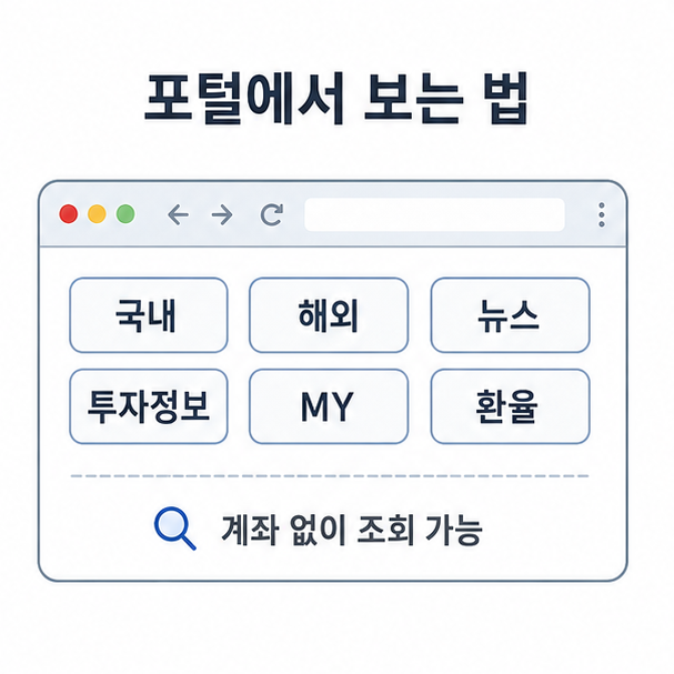 다음 금융 메뉴 구성, 국내와 해외, 뉴스, 투자정보, MY, 환율 탭이 배열된 브라우저 화면 일러스트