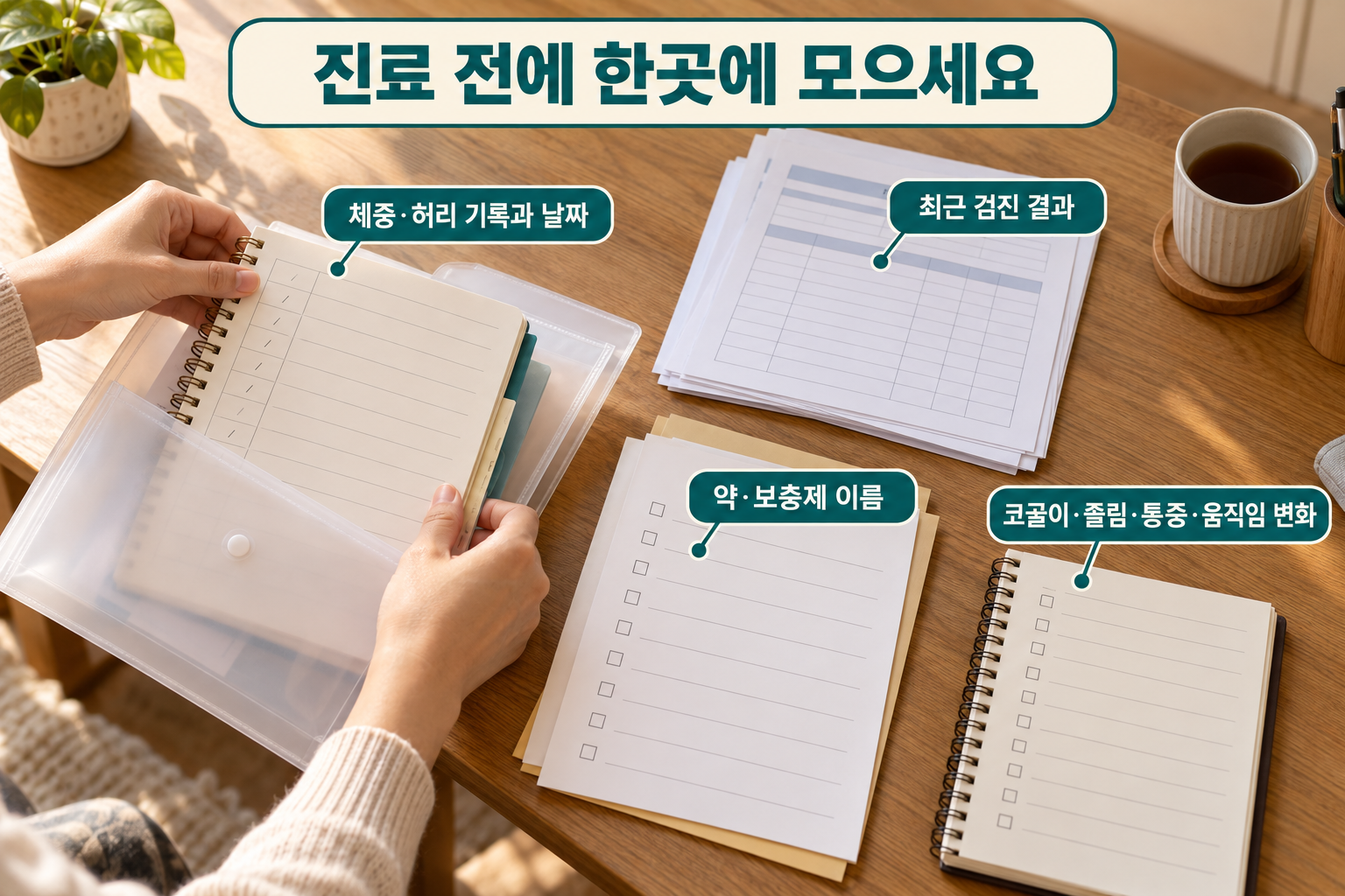 진료용 파일에 체중&middot;허리 기록과 검진 결과, 약&middot;보충제 목록, 수면과 통증 변화를 정리하는 손