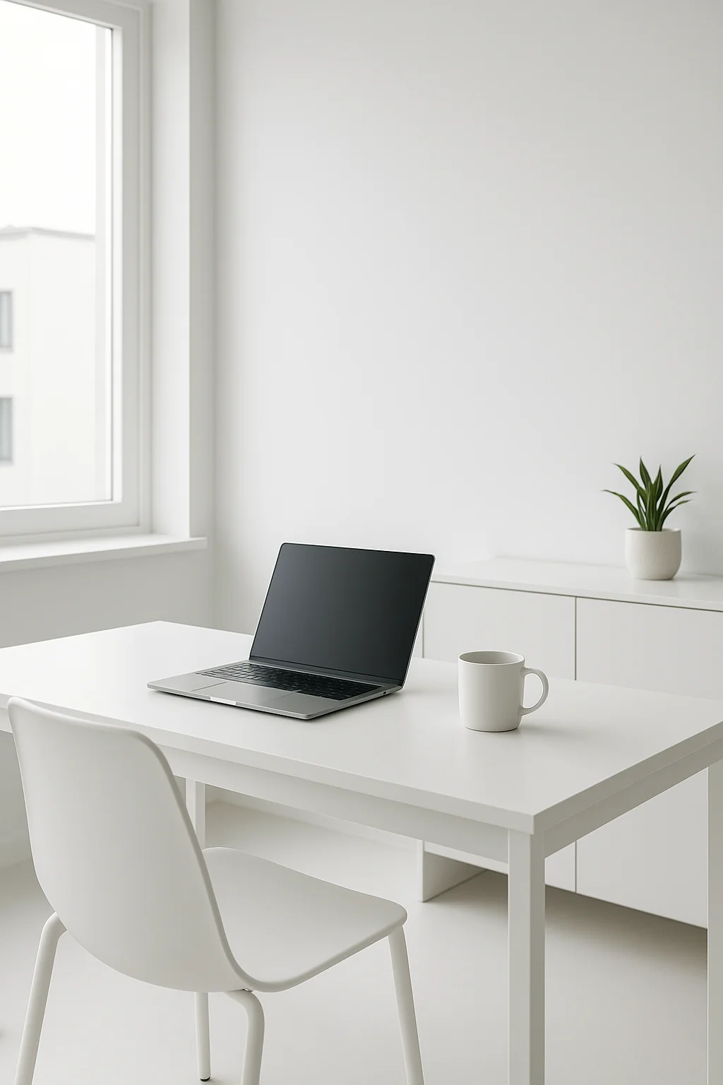 미니멀한 화이트 오피스 인테리어, 자연광이 들어오는 창가, 노트북과 커피컵이 책상 위에 정돈된 모습, 현대적이고 깔끔한 분위기, 고해상도, 가로형 구성