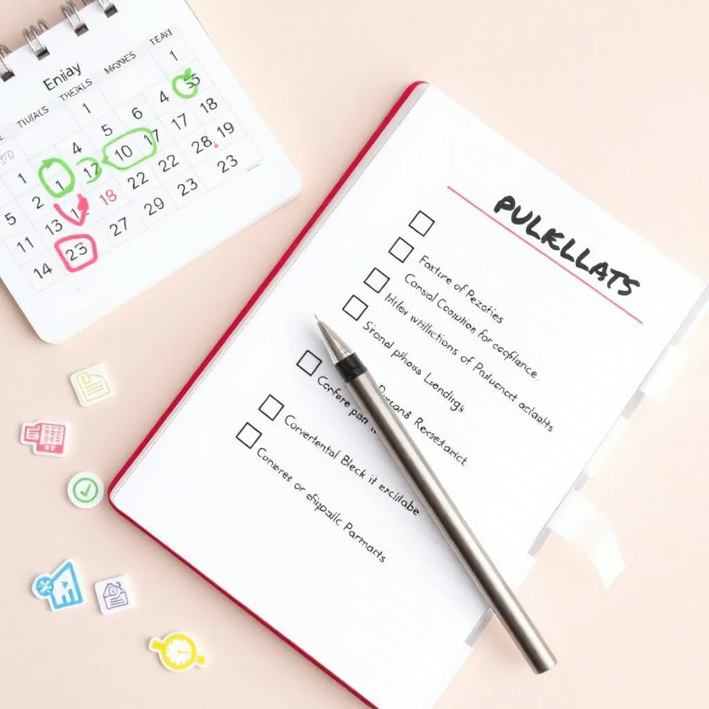 체크리스트 형태의 노트와 펜, 그리고 달력이 함께 놓여있는 모습입니다. 중요하게 체크해야 할 항목들을 몇 가지 아이콘(예: 서류, 상담)으로 표시하여 준비 과정을 상기시킵니다.