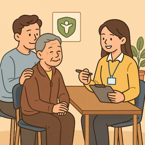 복지 상담을 받는 노인과 가족, 그리고 공무원 직원이 따뜻한 분위기에서 상담을 나누고 있는 모습의 일러스트. 기초생활수급자 제도 안내를 상징적으로 표현.