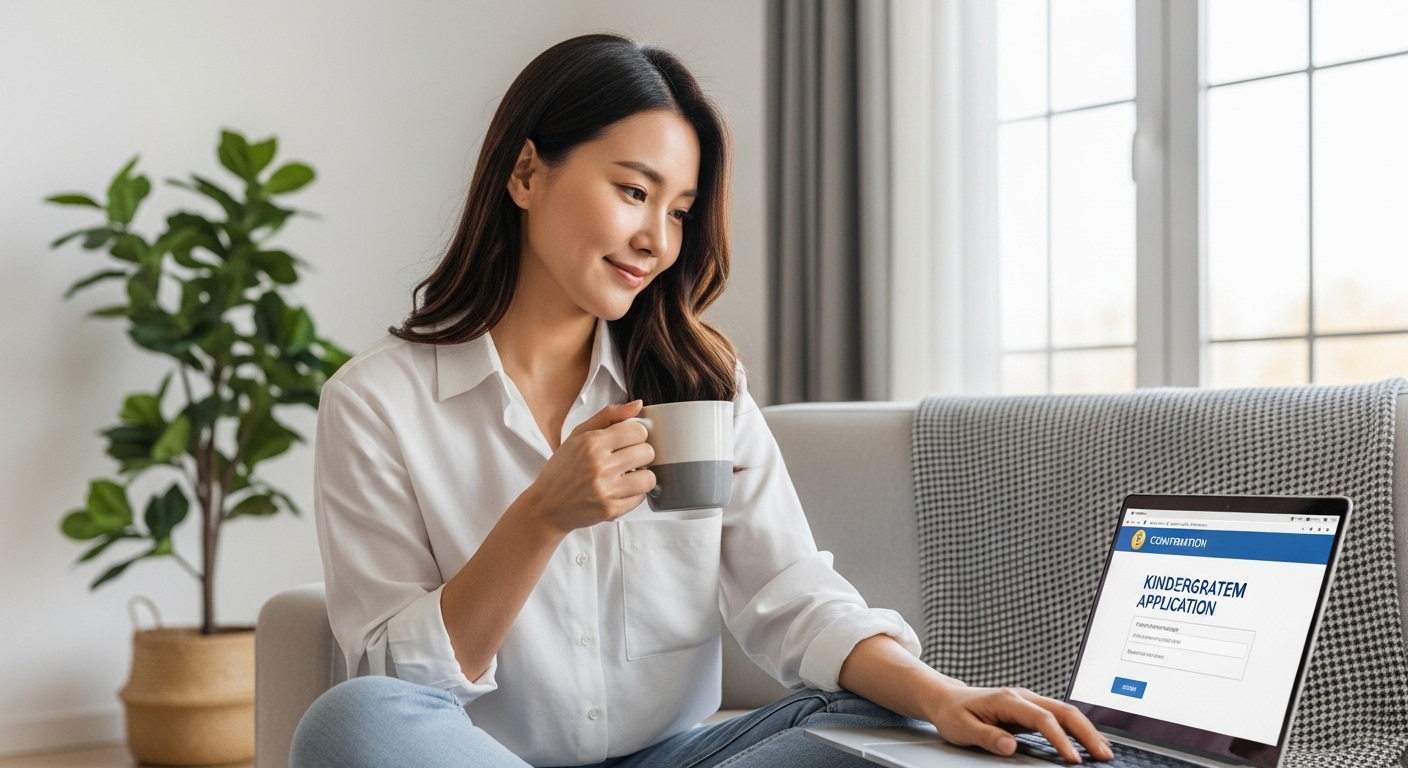 유보통합포털을 통해 유치원 접수를 성공적으로 마친 한국인 학부모의 모습