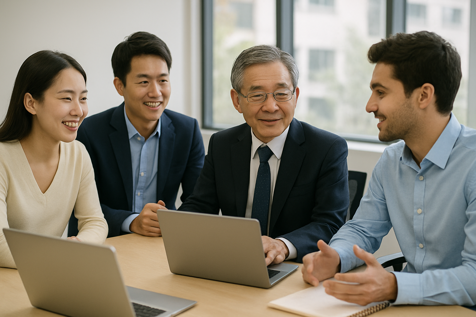 젊은이들과 함께 일하는 노인