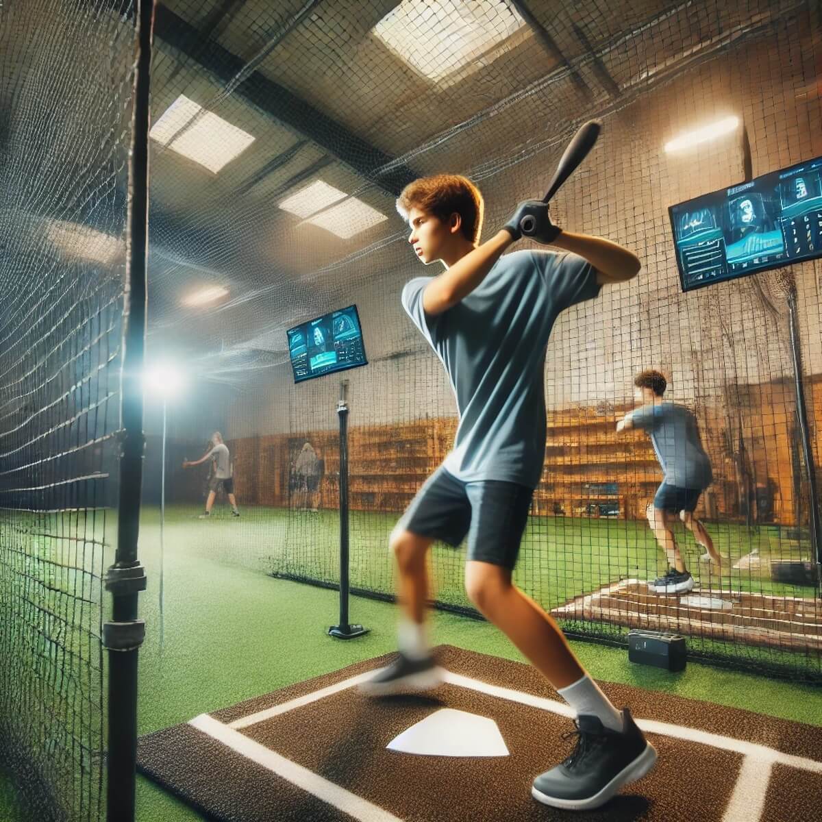 청소년이 트레이닝장에서 타격 훈련하는 모습