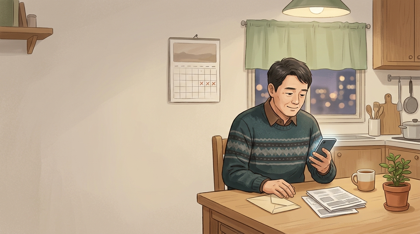 저녁 식탁에서 휴대폰으로 근로장려금 신청을 확인하는 모습