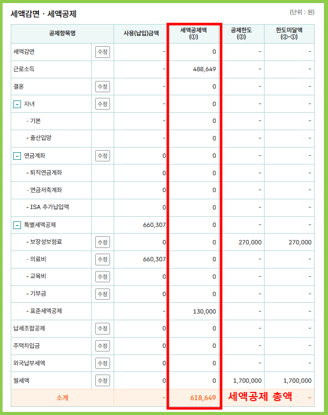 연말정산 모의계산 절차 4번 총 공제액 계산 2