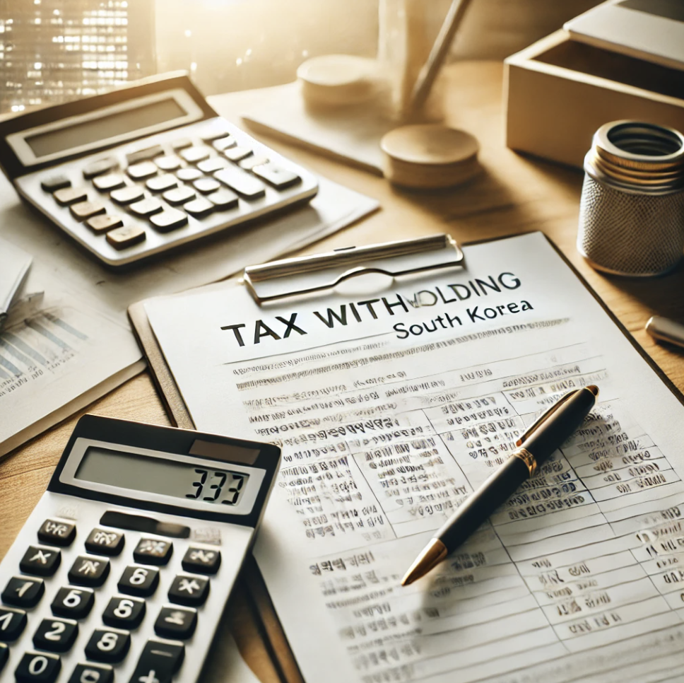 세금 관련 서류와 계산기로 원천징수 과정을 설명하는 사무실 모습