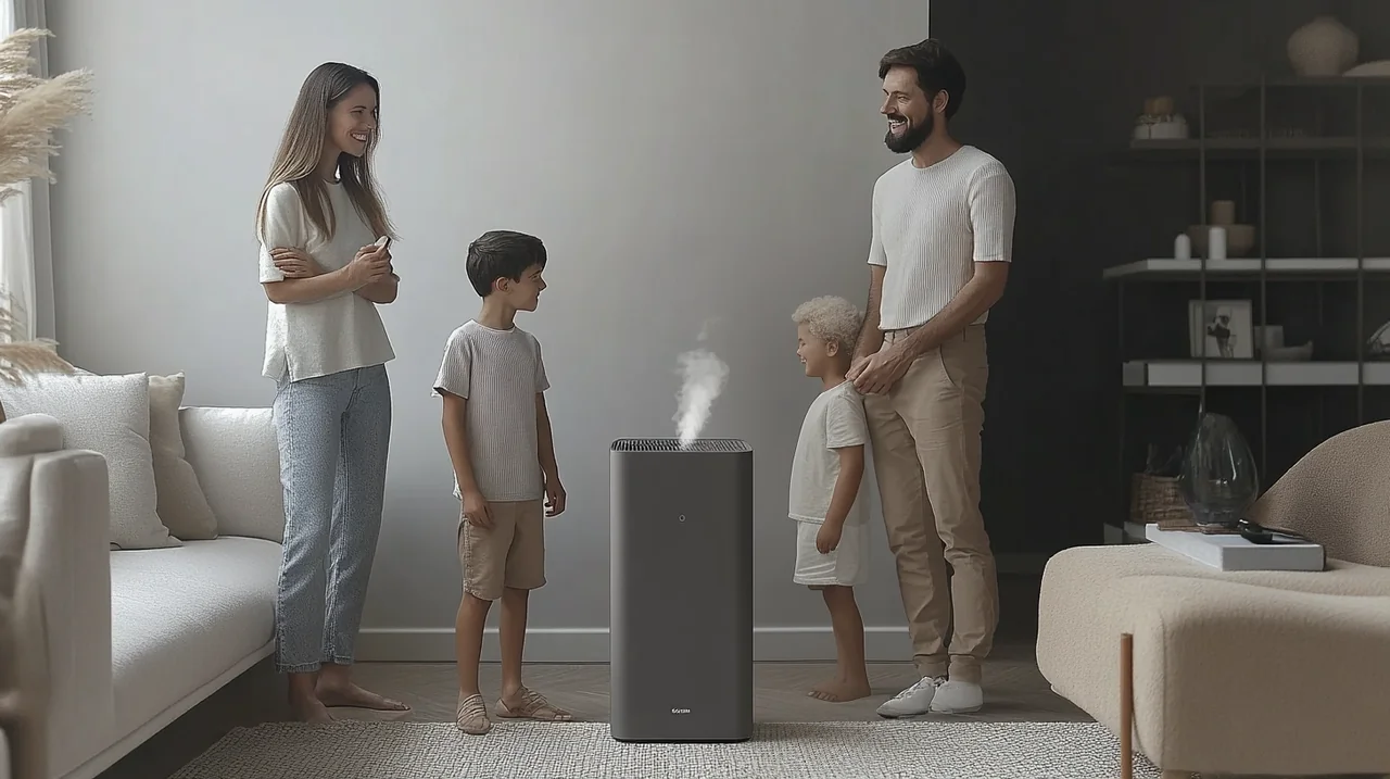 아파트 거실에서 가족이 쾌적한 공기 속에서 여유로운 일상을 보내며, 공기청정기 효과, 아파트 맞춤형, 실사용 후기, 가족 건강, 실내 환경 질 개선 등 핵심 키워드를 자연스럽게 표현했습니다.