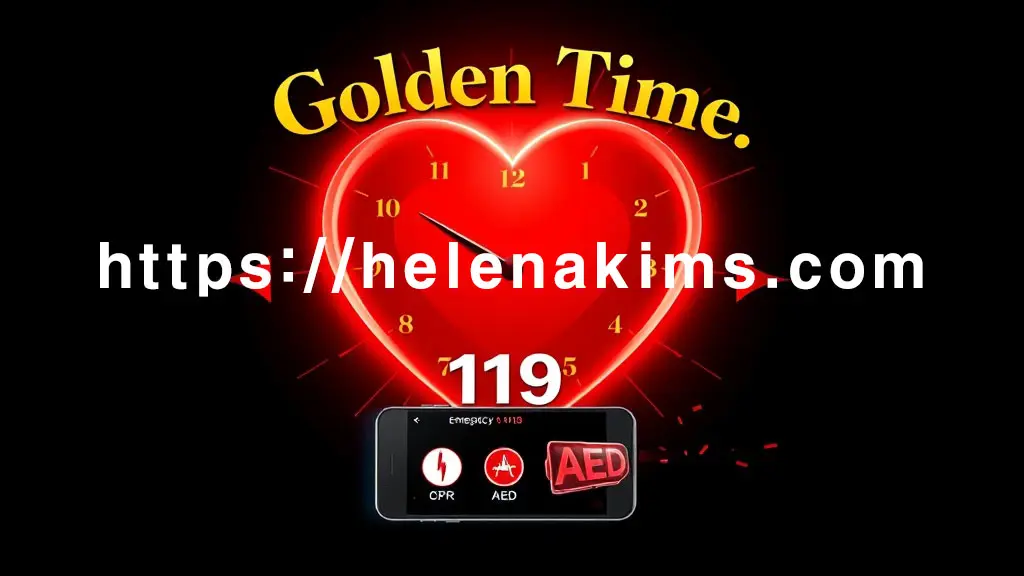 어두운 배경 중앙에 빨간색 심장이 격렬하게 고동치고, 그 주위를 황금색의 빠르게 움직이는 시계 초침이 감싸고 있다. **'Golden Time'**이라는 문구가 새겨져 있으며, 심장 아래쪽에는 스마트폰의 '119' 번호 다이얼 화면, 심폐소생술(CPR) 마크, 자동 제세동기(AED) 아이콘이 배치되어 즉각적인 응급 대처의 중요성을 시각적으로 강조한 이미지.