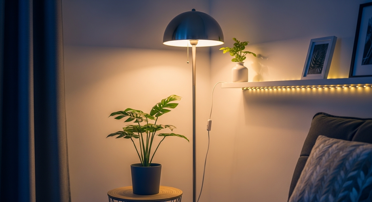 간접 조명과 작은 공기 정화 식물을 활용하여 아늑하고 호텔처럼 연출한 원룸 코너.