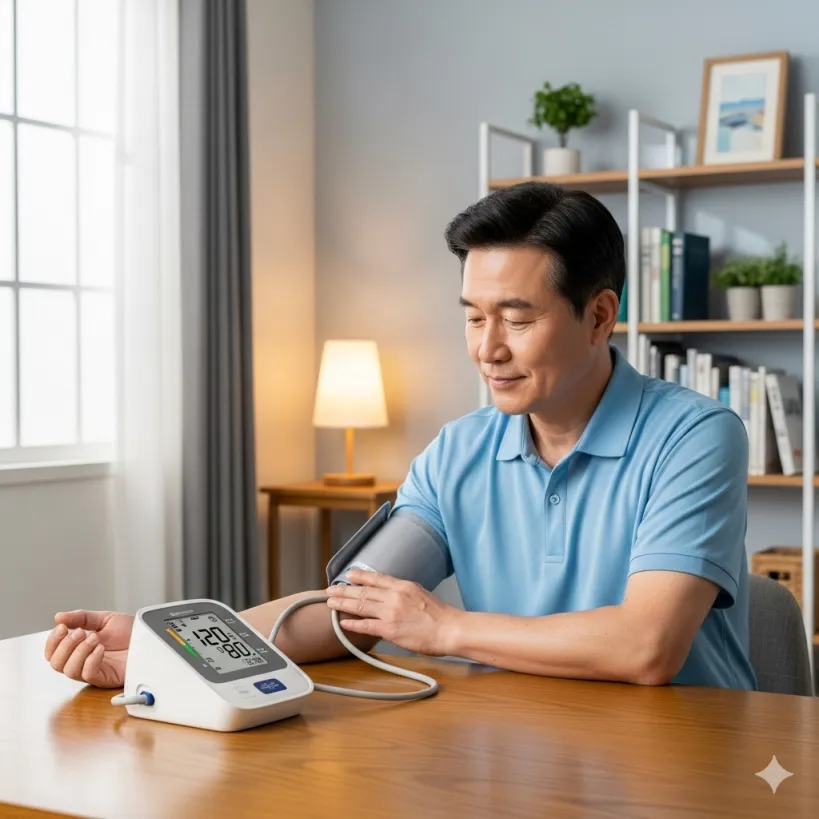 집에서 혈압계를 사용해 자신의 혈압을 측정하고 있는 남성