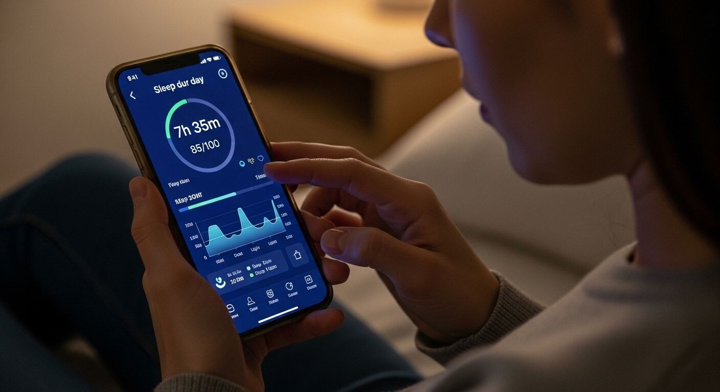 스마트폰 수면 모니터링 화면에서 전날 수면 시간과 수면 점수를 확인하는 모습