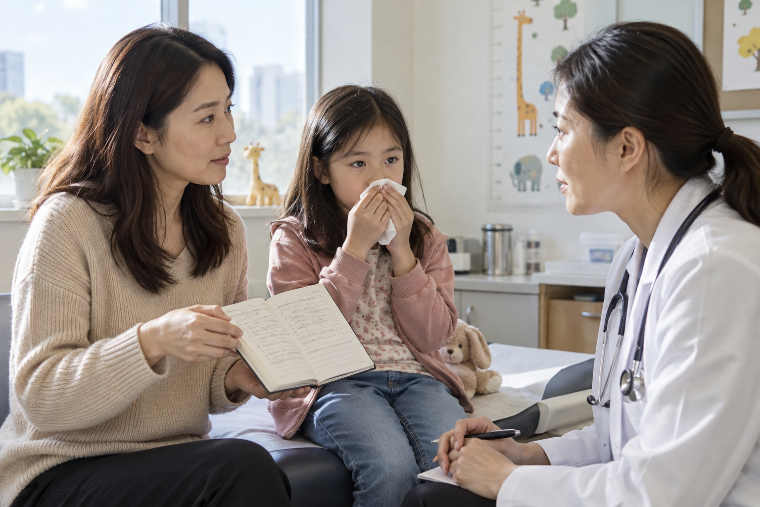 아이 기침이 발작처럼 이어질 때, 백일해 검사·가족 노출·등교를 확인하는 순서 상황을 부모와 아이가 실제 생활 공간에서 함께 확인하는 장면