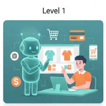 수이-구글: AI 쇼핑 비서가 사용자와 함께 온라인에서 옷을 선택하고 결제하는 1단계 시나리오를 보여주는 이미지