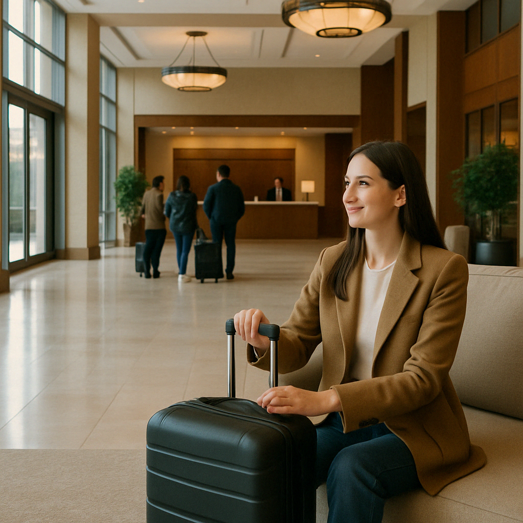 넓은 호텔 로비에서 여유롭게 체크인을 기다리는 손님의 모습이 담긴 이미지입니다.
