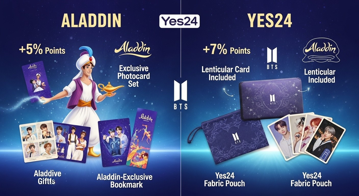 알라딘 및 예스24 방탄소년단 컴백 앨범 단독 사은품 및 적립금 혜택 비교