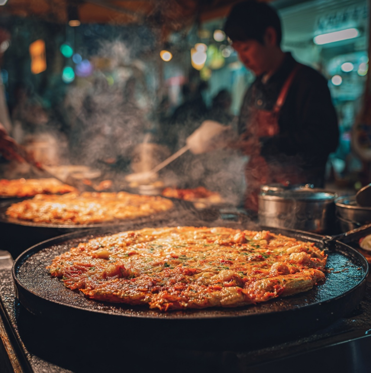 시장에서 파는 큰 김치전 부치는 모습
