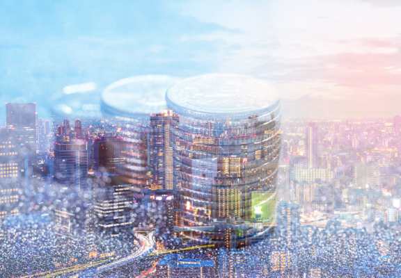 동전들과 도시의 모습이 오버랩 되고 있다.