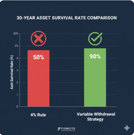 4% 규칙과 가변 인출 전략의 30년 후 자산 잔존율 비교 차트