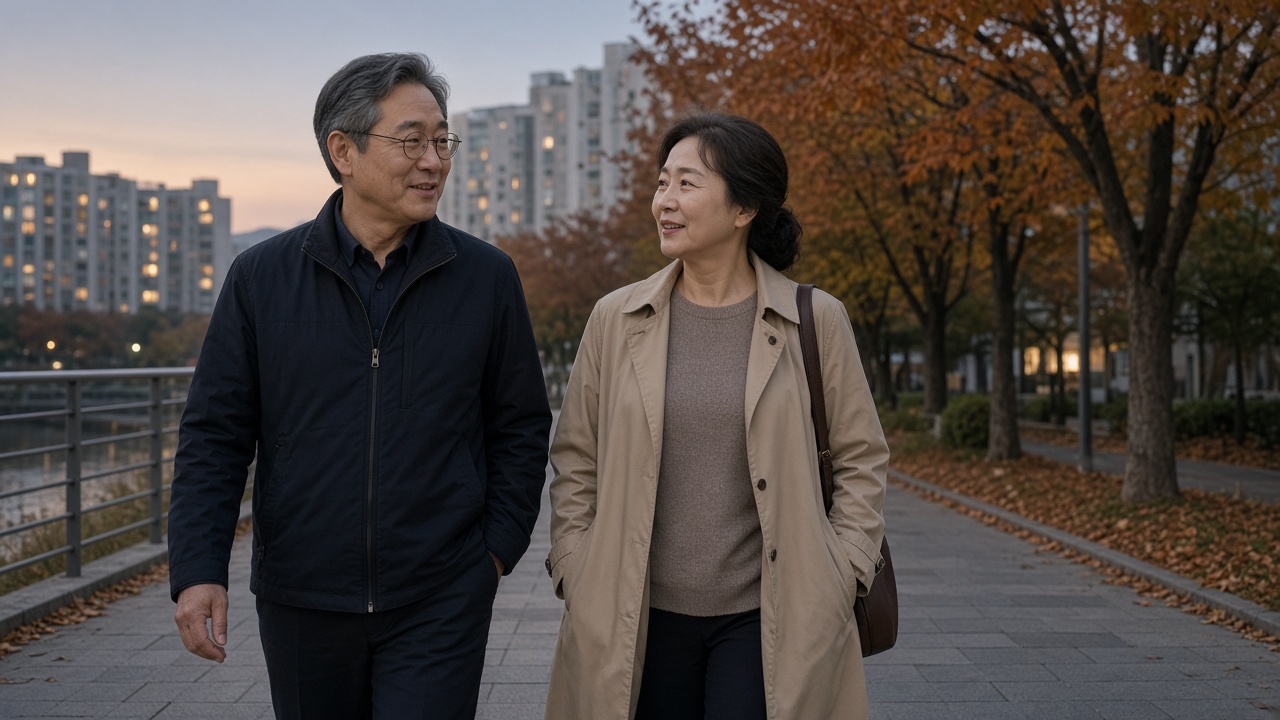 저녁 무렵 아파트 단지 산책로를 걸으며 이사 계획을 이야기하는 50대 한국인 부부