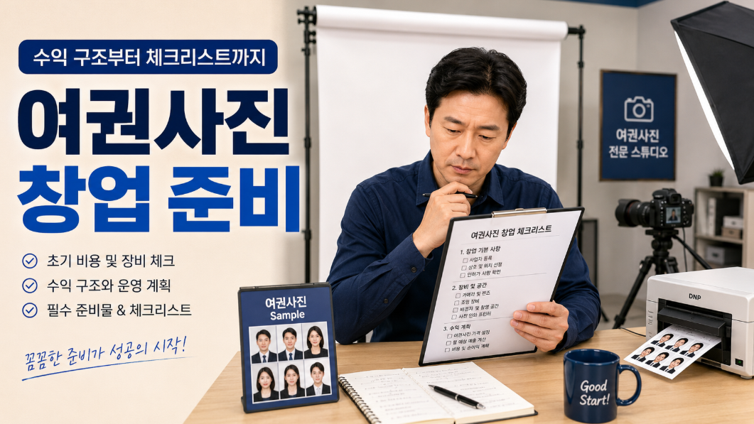 여권사진 창업 준비를 위해 장비 입지 수익 구조를 확인하는 중장년 창업자 모습