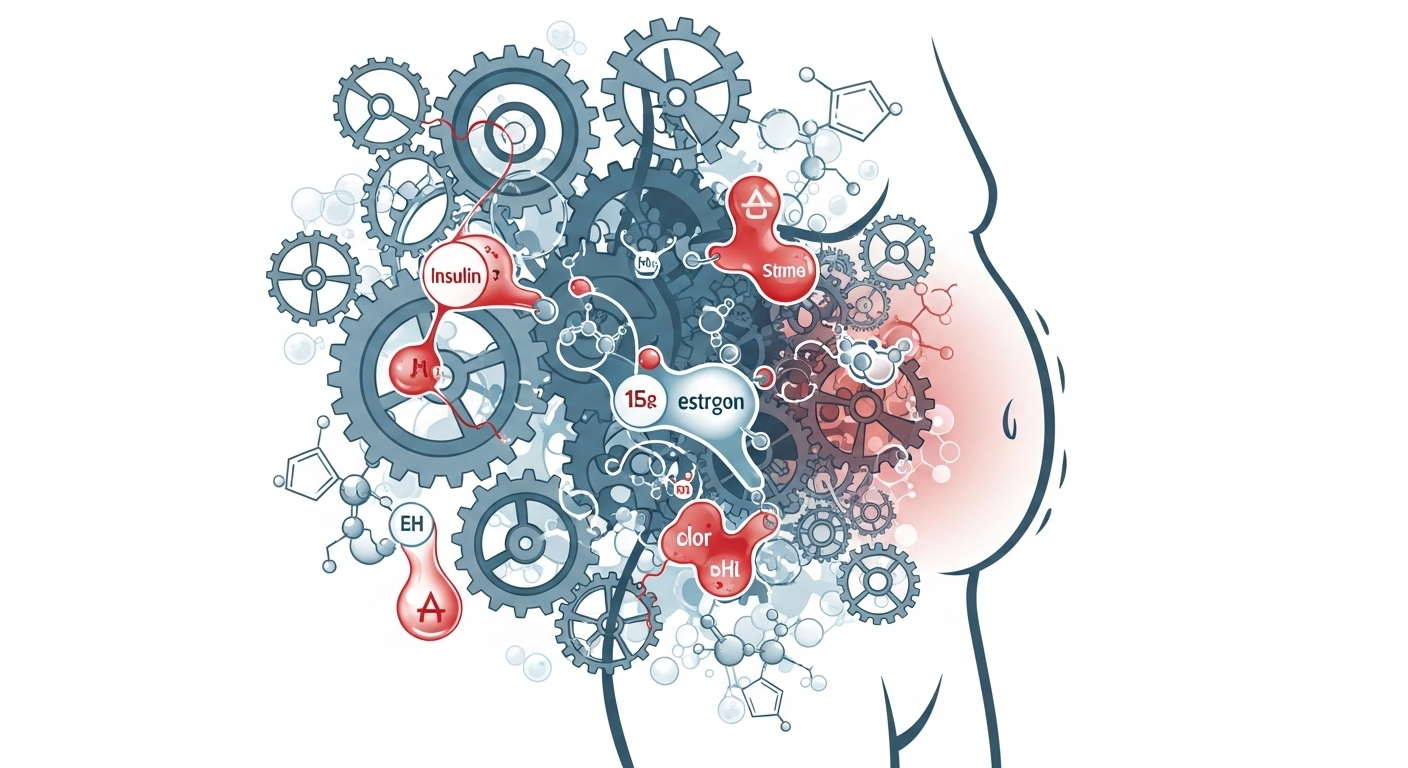 호르몬 불균형(인슐린, 에스트로겐, 코르티솔)이 복부 지방 축적을 포함한 체중 증가에 미치는 영향을 나타내는 복잡한 기어와 추상적인 기호 일러스트.