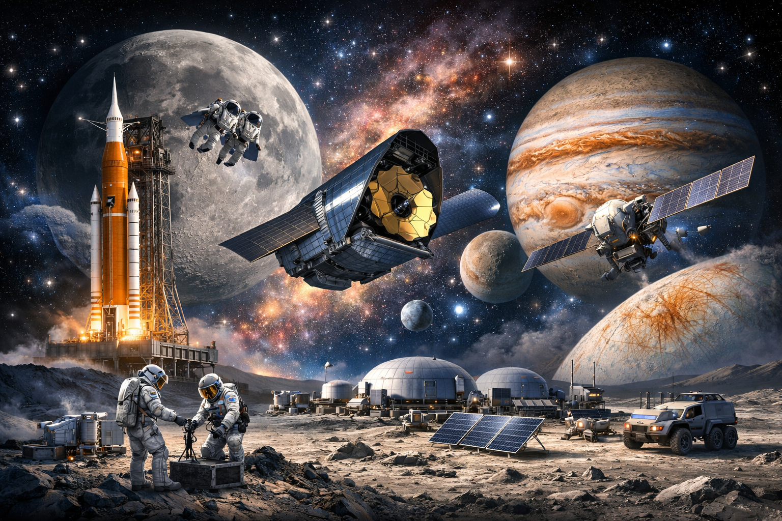 NASA의 최신 우주 탐사 미션을 표현한 이미지로, 아르테미스 로켓 발사, 우주 망원경, 목성 탐사선, 미래형 달 기지가 함께 구성되어 있음