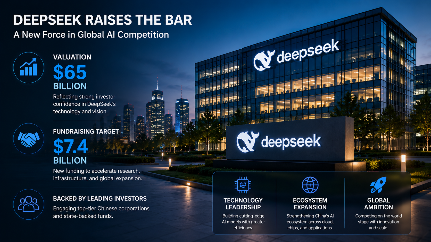 Modern DeepSeek headquarters building showcasing the company's fundraising efforts, ecosystem expansion, and growing influence in the global AI market.