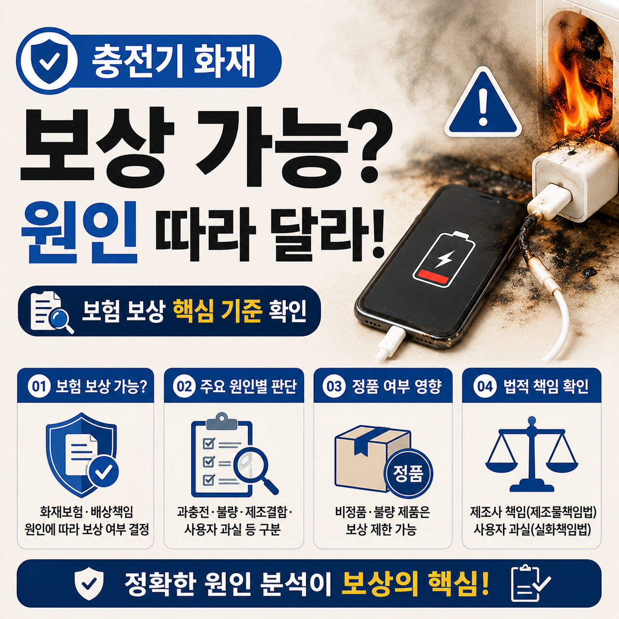충전 중인 스마트폰과 화재 경고 이미지