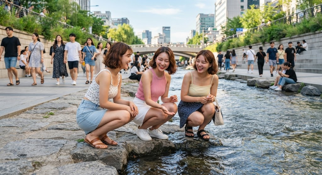 청계천에서 즐거운 시간을 보내고 있는 사람들