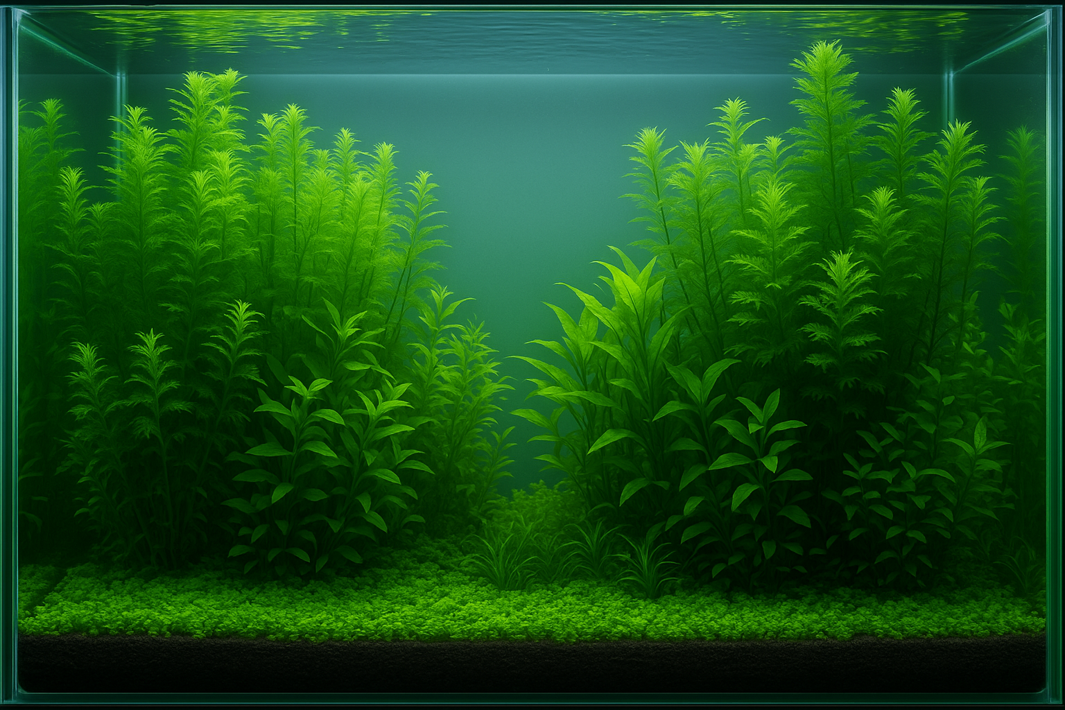 수초가 풍부하게 자라고 있는 수족관의 정면 모습으로, 다양한 수초들이 층을 이루며 울창하게 배치되어 있고 바닥에는 낮게 자라는 수초가 카펫처럼 깔려 있다. 맑고 투명한 물과 푸르스름한 배경이 어우러져 자연적인 분위기를 자아낸다.