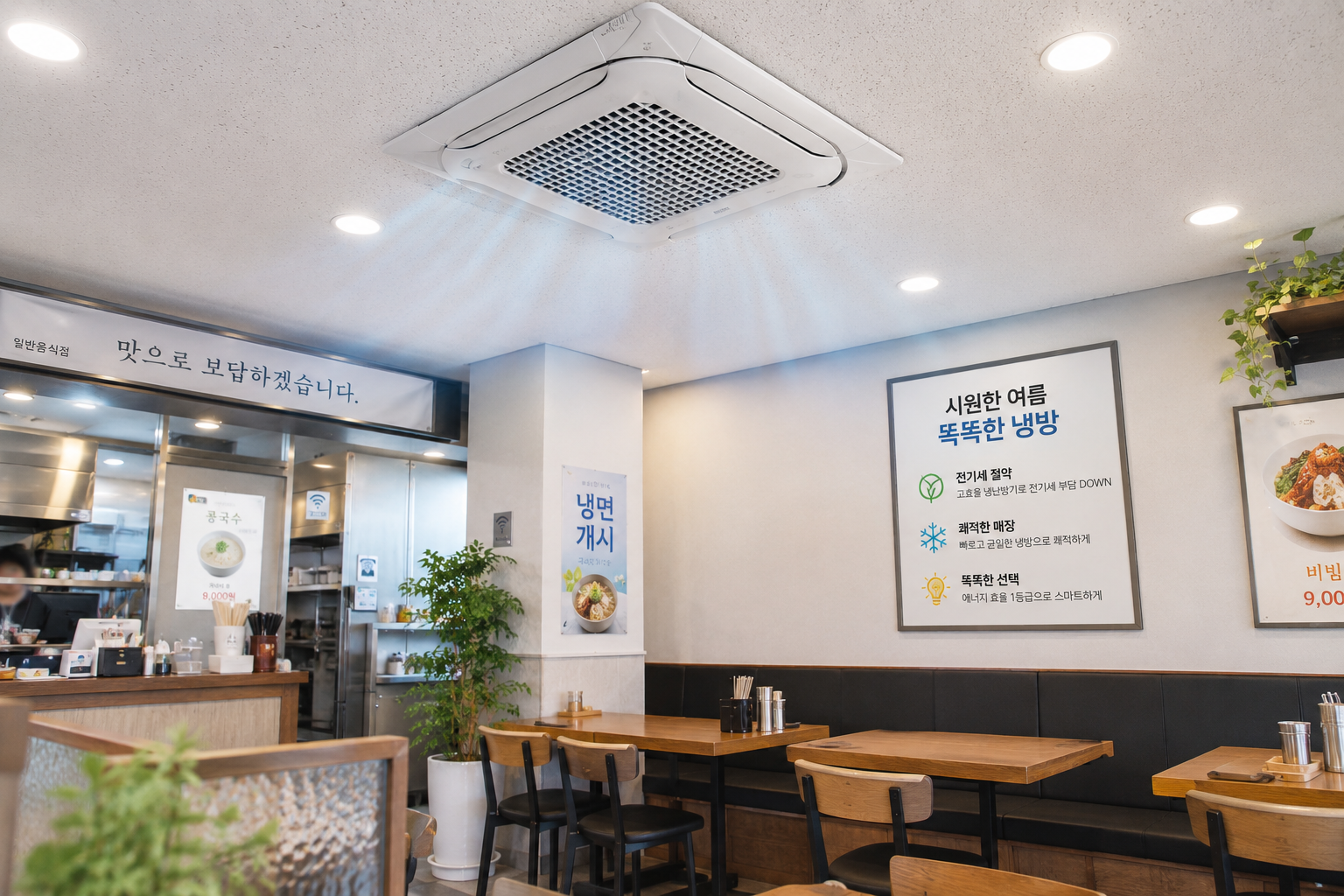 한국의 작은 음식점 내부에 천장형 냉난방기가 설치된 모습, 시원하고 깔끔한 매장 분위기와 여름철 전기세 절약 느낌을 표현한 현실적인 사진 스타일