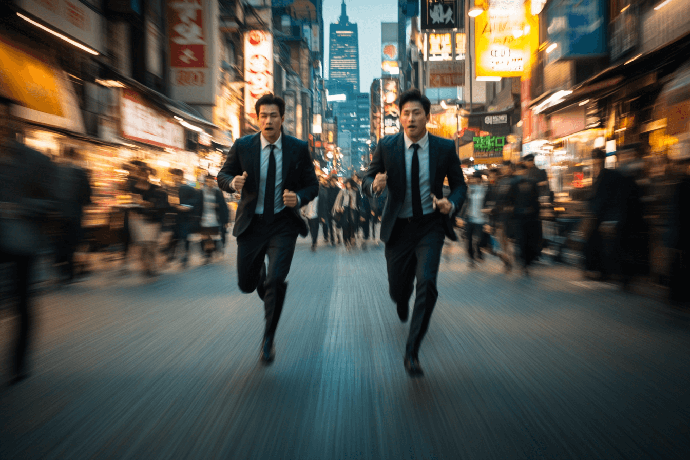 번화가-중심을-뛰고-있는-두-남성