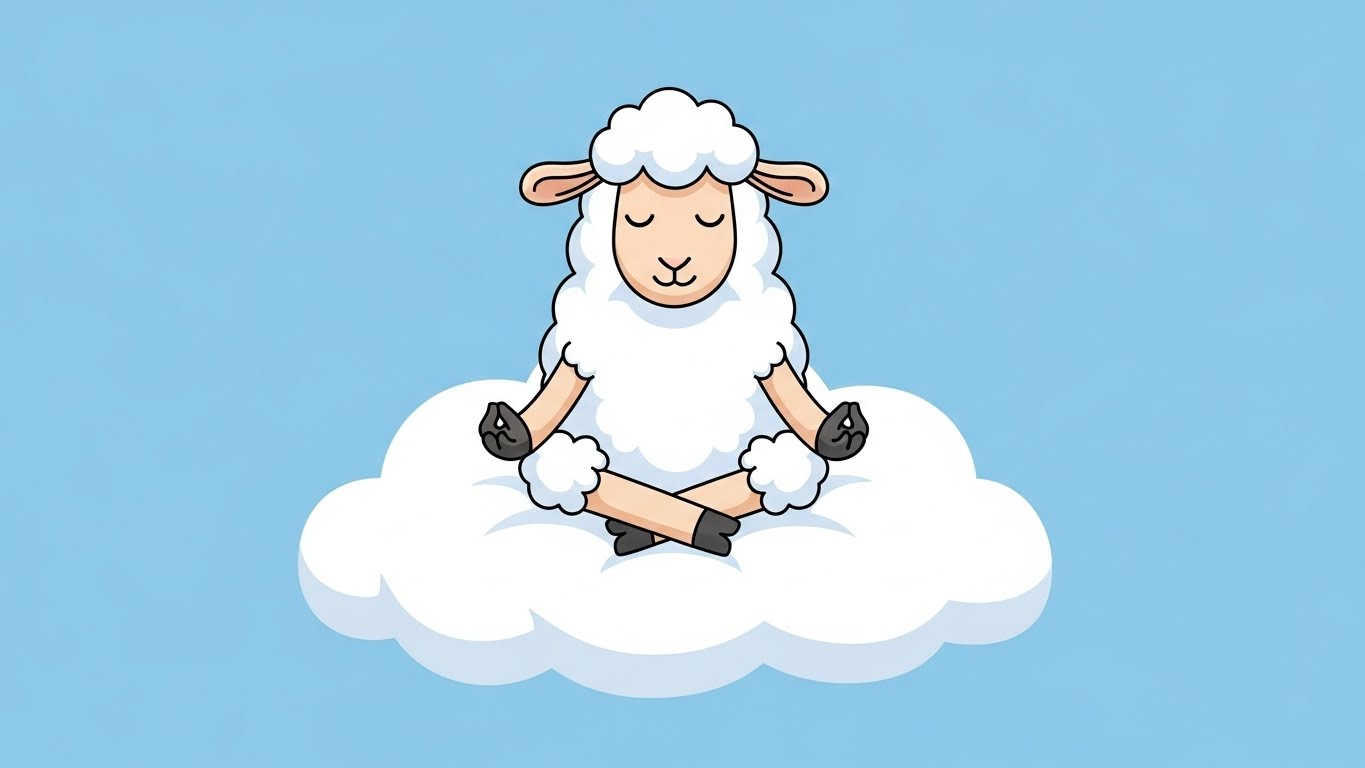 구름 위에서 명상하며 평온을 찾는 양 캐릭터의 2D 플랫 벡터 일러스트