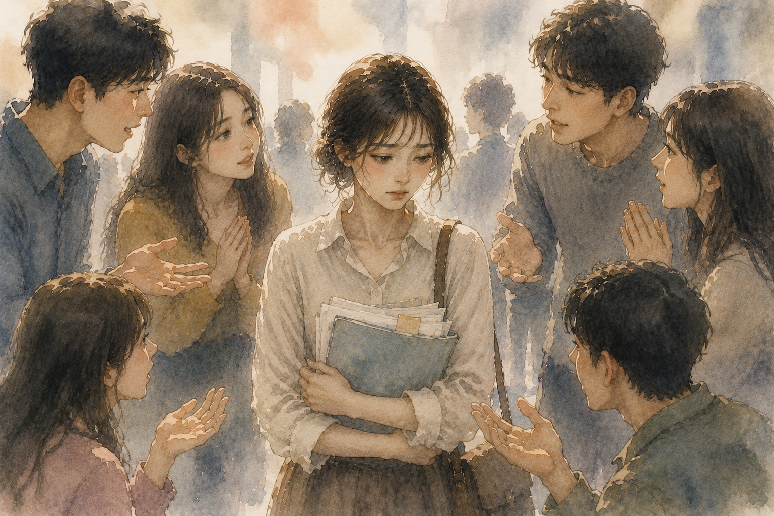 사람들의 반복되는 부탁과 기대 속에서 조용히 지쳐가고 있지만, 쉽사리 거절하지 못한 채 복잡한 표정으로 서 있는 여성의 감성적인 수채화 일러스트