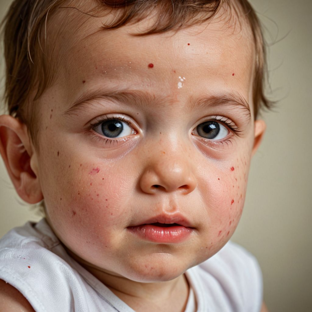 유아의 얼굴에 붉은 반점이 여러 개 나타난 모습. 양 볼과 이마, 턱에 혈관종으로 추정되는 붉고 작은 병변이 퍼져 있으며, 아이는 무표정한 표정으로 정면을 응시하고 있다.